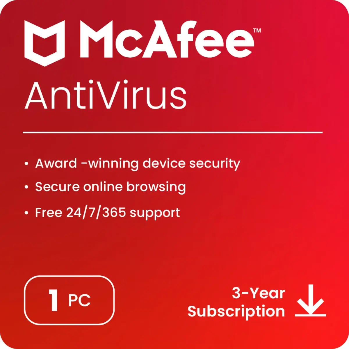 McAfee Antivirus 1 User, 3 Year latest Version Email Delivery
